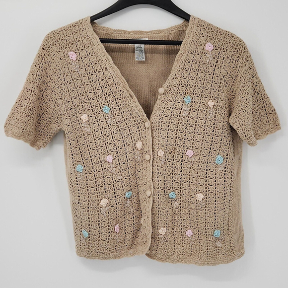 Yarnworks Sweaters - 70's Granny Grandma Open Knit Crochet Brown Cardigan Size Large Flowers